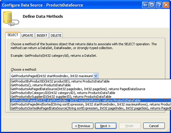 Настройка ObjectDataSource для использования метода GetProductsPaged класса ProductsBLL