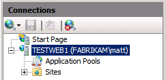 В диспетчере IIS в области Подключения разверните узел сервера (например, TESTWEB1).