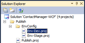 В окне Обозреватель решений разверните папку Публикация, папку EnvConfig, а затем дважды щелкните Env-Dev.proj.