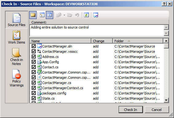 В диалоговом окне Check In — исходные файлы введите комментарий и нажмите кнопку Check In.