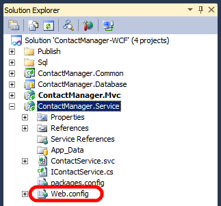 В окне Обозреватель решений разверните проект ContactManager.Service и дважды щелкните узел Web.config.