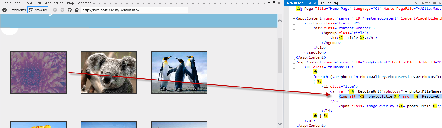 Снимок экрана: окно Инспектор страниц и файл редактора Visual Studio Default.aspx, показывающий, что выделена часть исходного кода, создающая выбранный элемент.