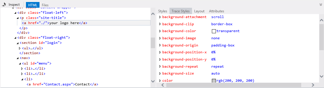 Трассировка стилей CSS выбранного элемента