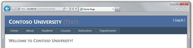 Снимок экрана: окно интернет-Обозреватель, в котором отображается индикатор среды Contoso University Test вместо Dev.