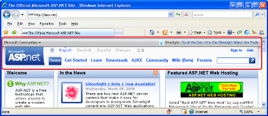 Веб-сайт www.asp.net использует согласованный внешний вид на всех страницах