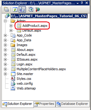 Добавление новой страницы ASP.NET в папку Администратор