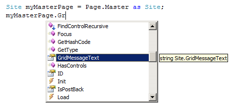 IntelliSense показывает общедоступные свойства и методы главной страницы