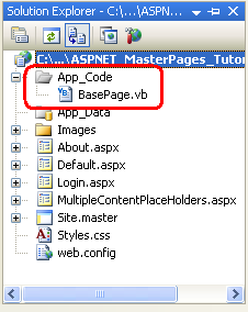 Добавление папки App_Code и класса BasePage