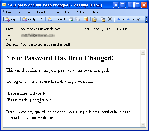 Сообщение Email уведомляет пользователя об изменении пароля