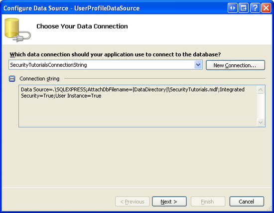 Выберите SecurityTutorialsConnectionString в списке Drop-Down