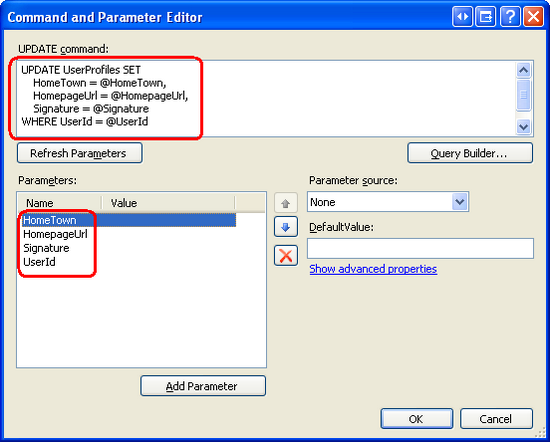 Указание команд updateCommand и UpdateParameters sqlDataSource