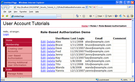 Элемент UserGrid GridView выводит сведения о каждом пользователе в системе.