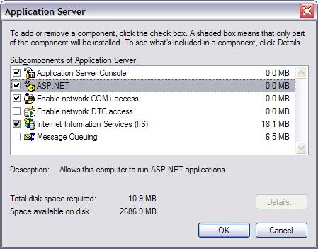 Снимок экрана сервера приложений. ASP.NET выделен.