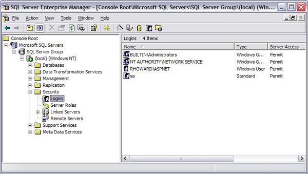 Снимок экрана: windows SQL Enterprise Manager. В меню выделены имена входа.