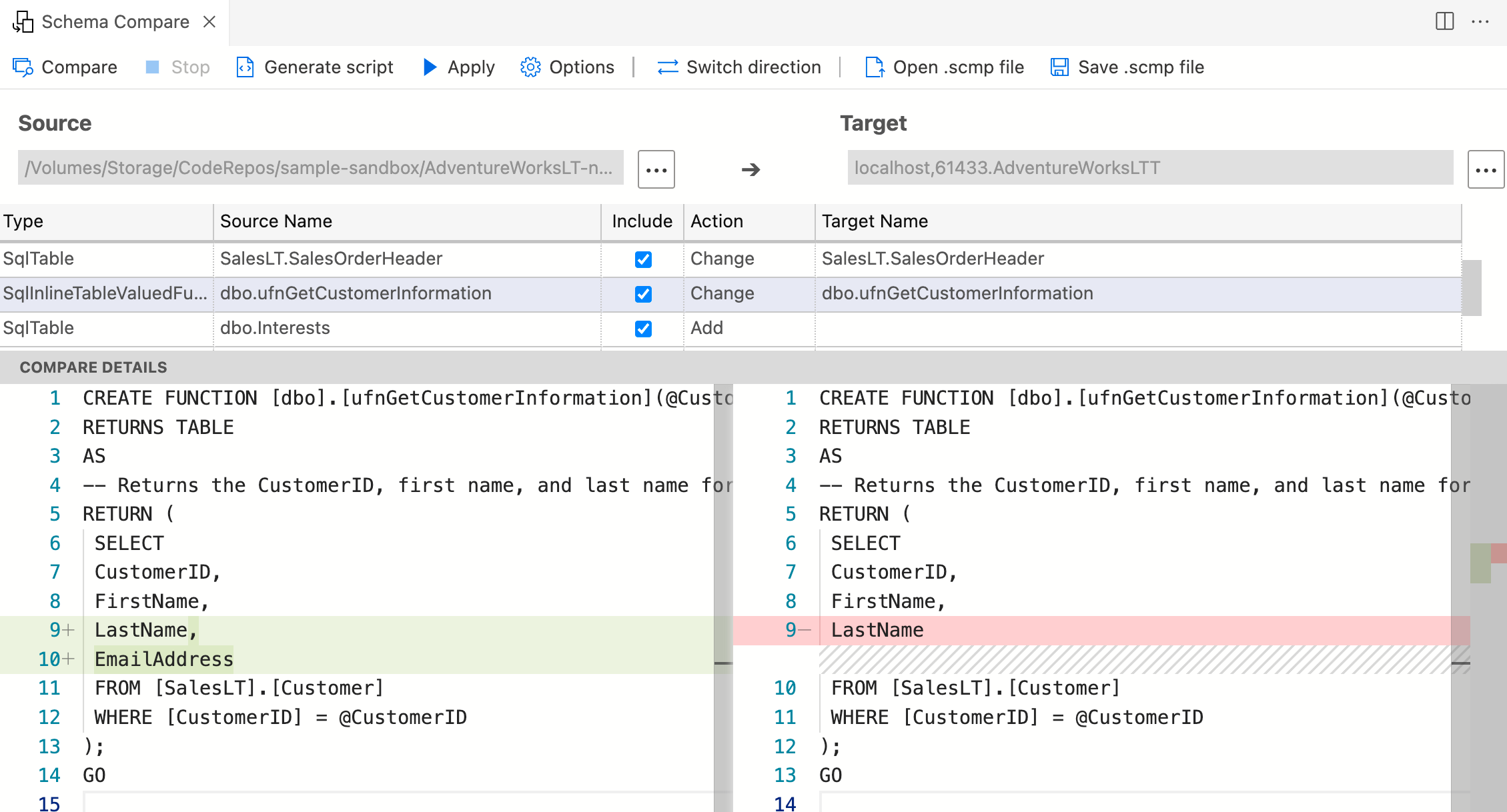 Screenshot of schema compare dialog comparing a SQL project to a database.