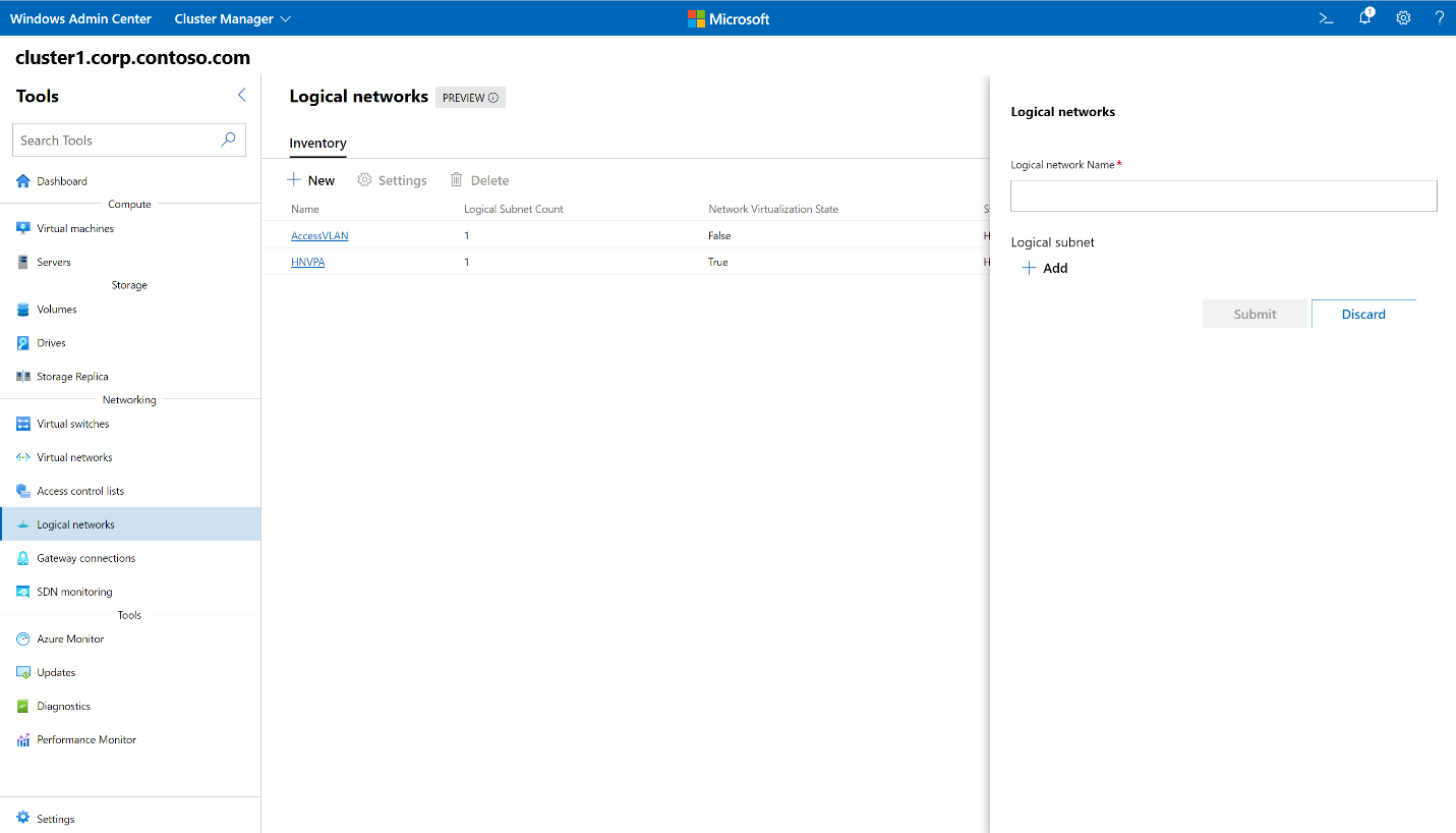 Screenshot of Windows Admin Center home screen showing the Logical networks name box.