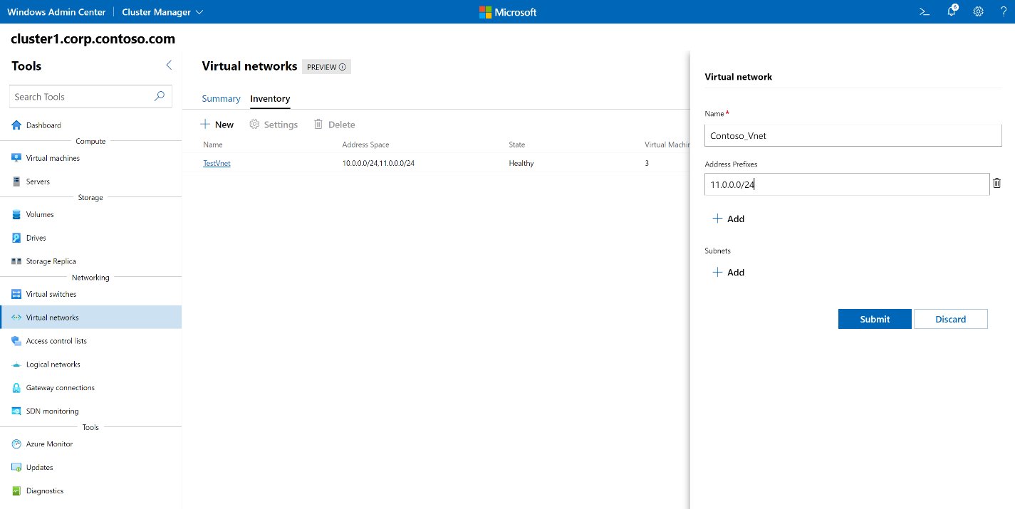 Screenshot of Windows Admin Center home screen showing pane in which to create a Virtual network name and address prefix.