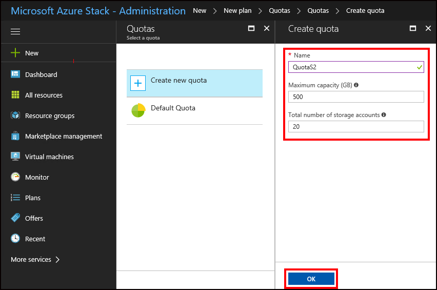 Создание квоты для нового плана в Azure Stack Hub