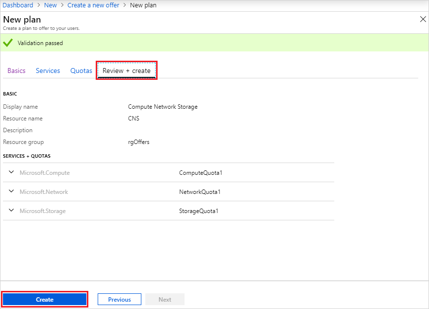 Создание нового плана на портале администрирования Azure Stack Hub