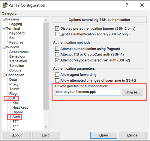 Окно настроек PuTTY — закрытый ключ SSH