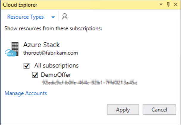 Выбор подписок Azure для управления в Cloud Explorer