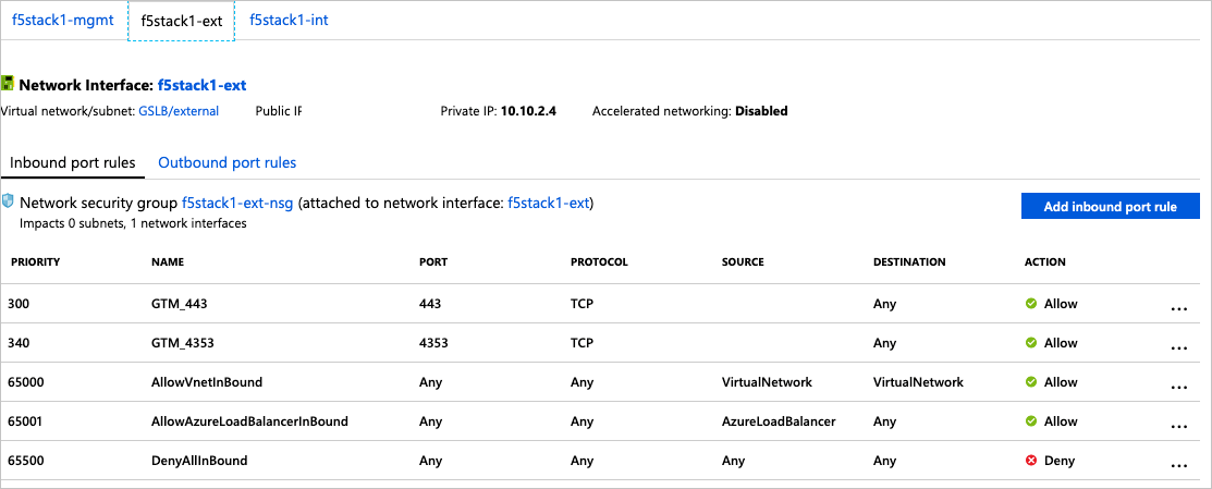 На странице fStack1-ext диалогового окна Сетевой интерфейс отображаются сведения об интерфейсе fstack1-ext и его NSG fstack1-ext-nsg. Есть вкладки для выбора, чтобы просмотреть правила входящего или исходящего порта.