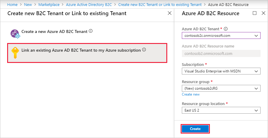 Страница создания ресурсов Azure AD B2C в портале Azure