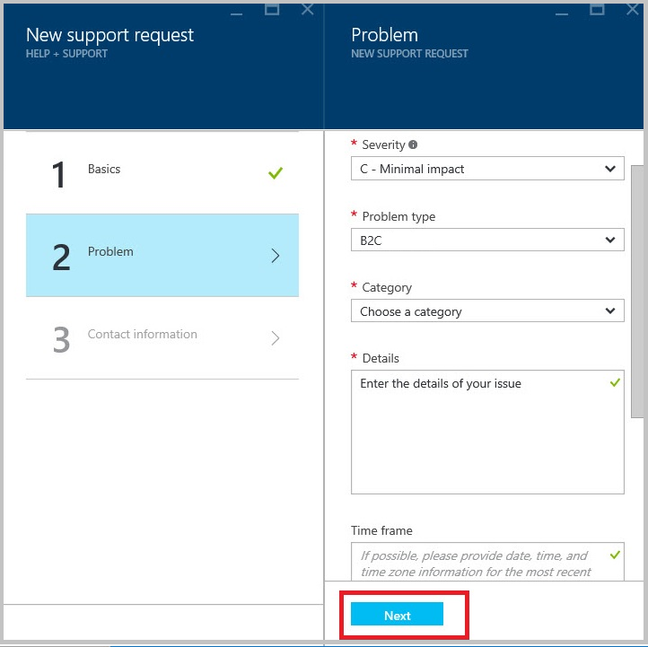 Problem page with Next button highlighted in Azure portal
