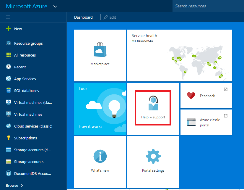 Help + Support tile highlighted in Azure portal