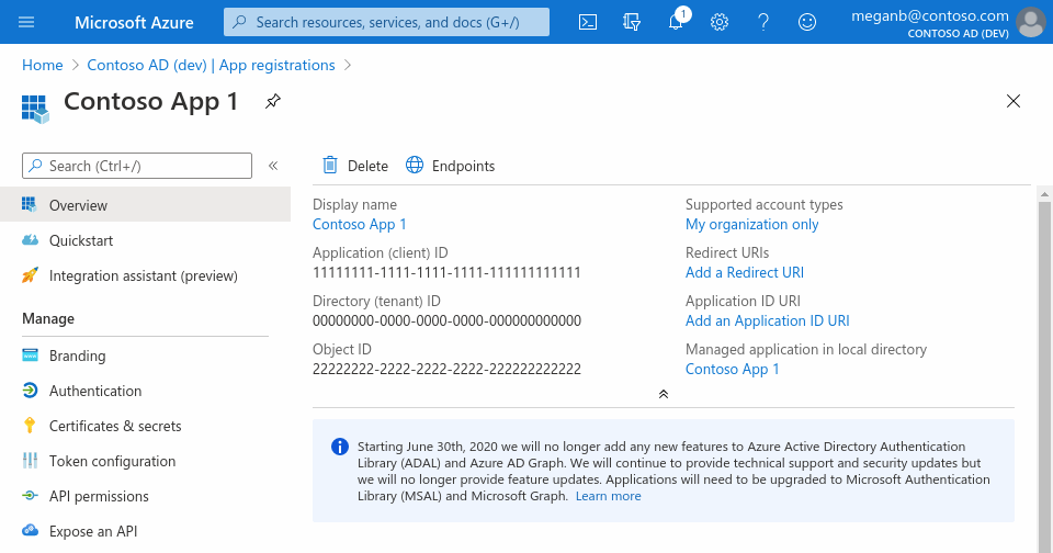 Снимок экрана: портал Azure в веб-браузере с областью общих сведений о регистрации приложения.