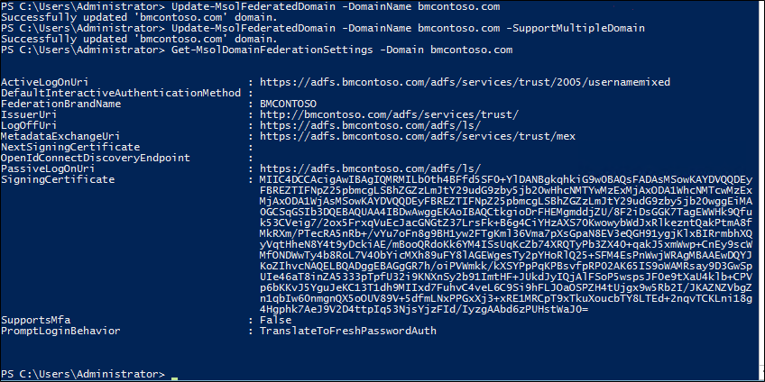 Снимок экрана: результаты выполнения команды Get-MsolDomainFederationSettings в PowerShell.
