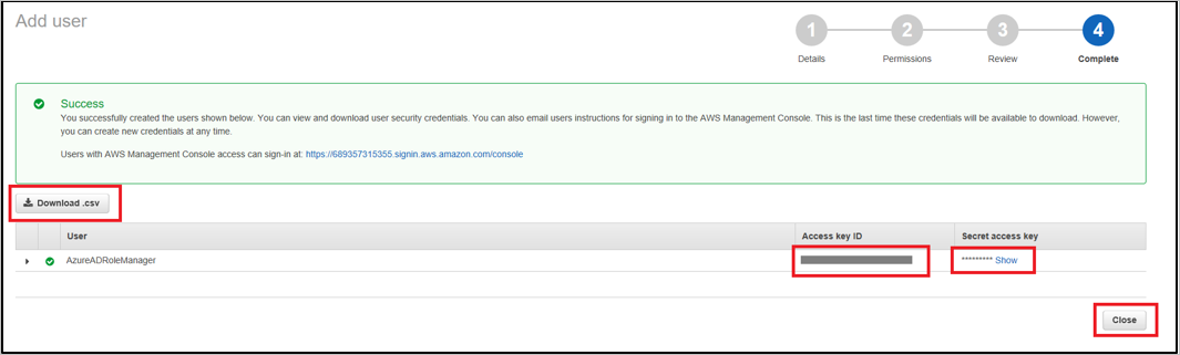Снимок экрана: страница Add user (Добавление пользователя) с кнопкой Download CSV (Скачать CSV) для получения учетных данных пользователя.