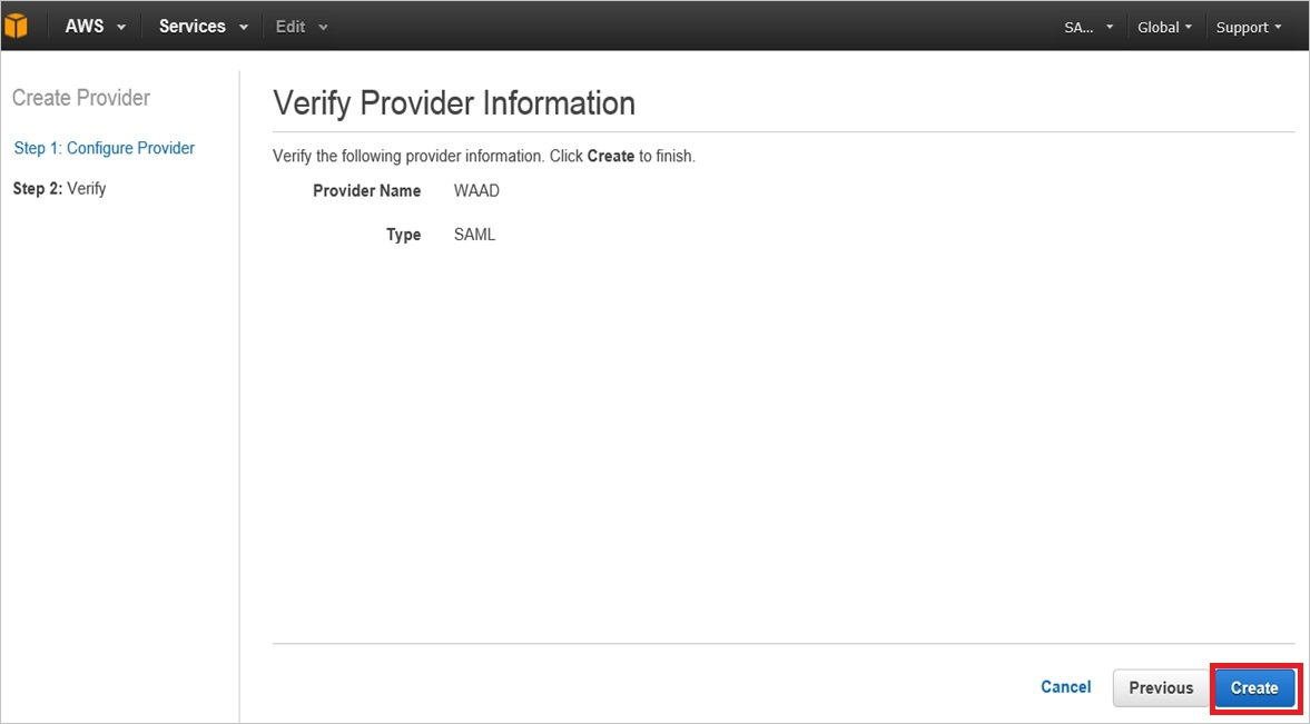Снимок экрана: страница Verify Provider Information (Проверка сведений о поставщике) с выделенным пунктом Create (Создать)