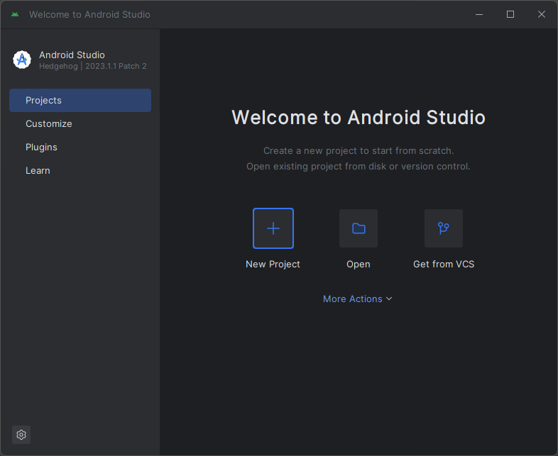 Screenshot of the Start new project option in Android Studio.