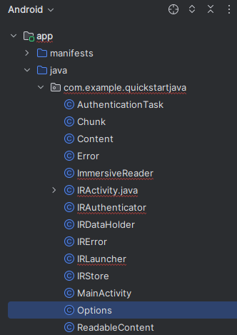 Screenshot of Options Java class file.
