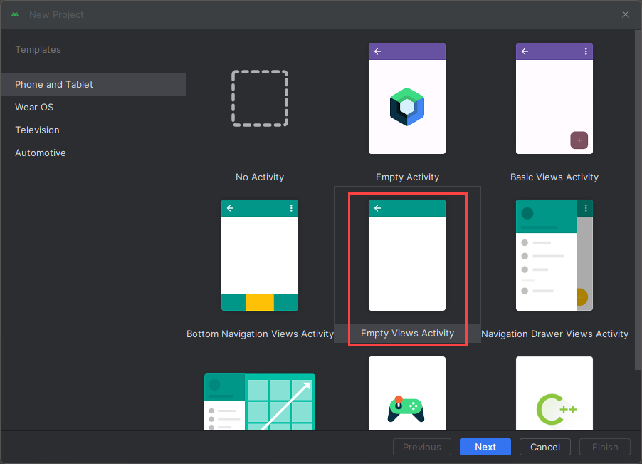 Screenshot of the Templates window in Android Studio.