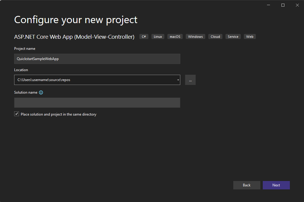 Screenshot of Visual Studio screen to configure project.