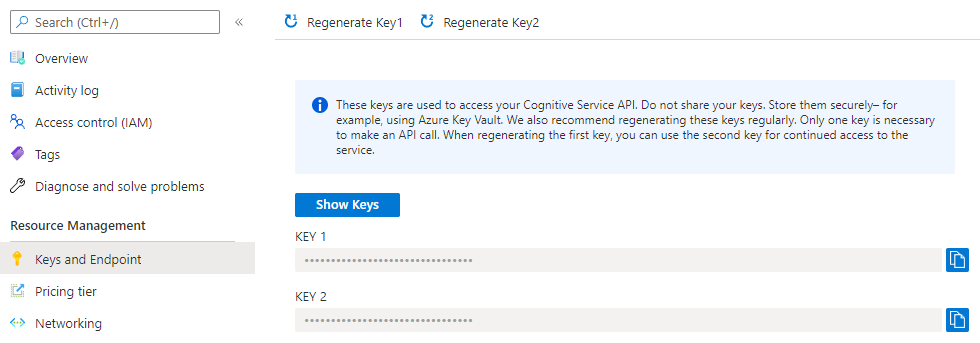Скриншот портала Azure с выбранным ресурсом «Интерактивный инструмент для чтения» и разделом «Ключи и конечная точка», на котором в верхней части экрана отображаются кнопки восстановления ключей.