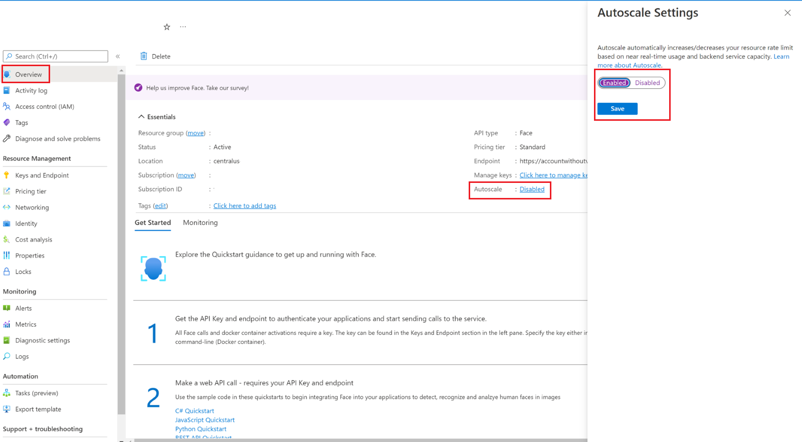 Screenshot of the Azure portal with the autoscale pane on right.