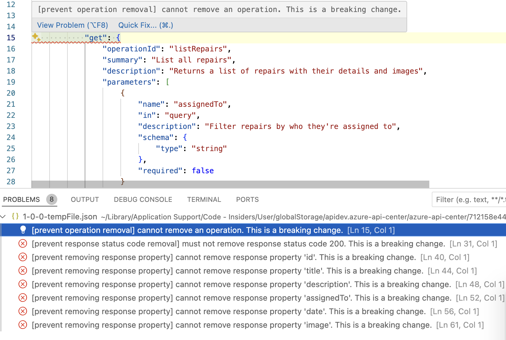 Снимок экрана: критические изменения, обнаруженные в Visual Studio Code.