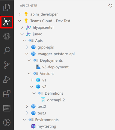 Снимок экрана: представление дерева центра API в Visual Studio Code.