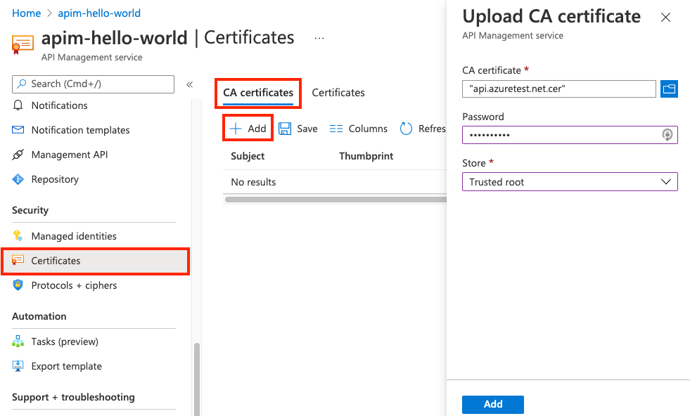 Добавление сертификата центра сертификации на портале Azure