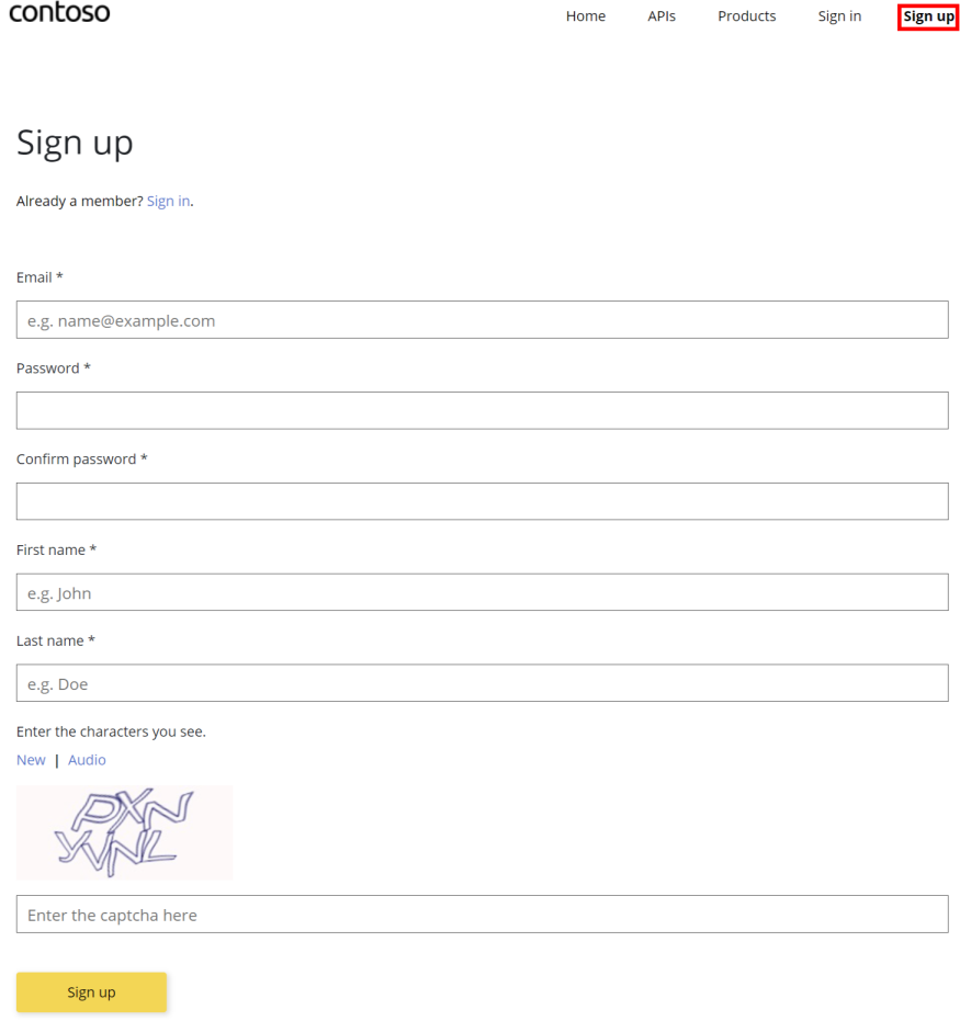 Снимок экрана: страница регистрации на портале разработчика.
