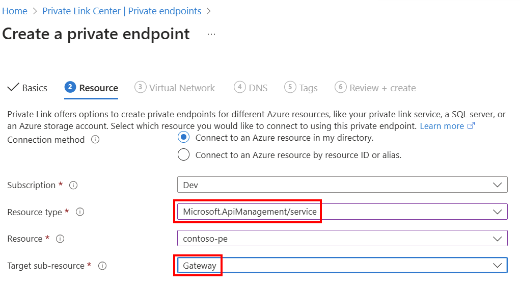 Снимок экрана: настройки для создания частной конечной точки в портале Azure.