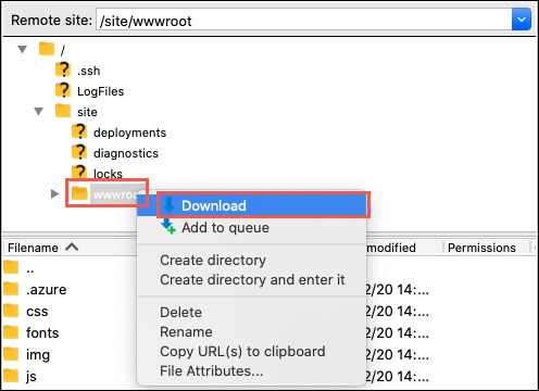 Снимок экрана: иерархия файлов FileZilla. Папка wwwroot выделена, и отображается ее контекстное меню. В этом меню выделен элемент Скачать.