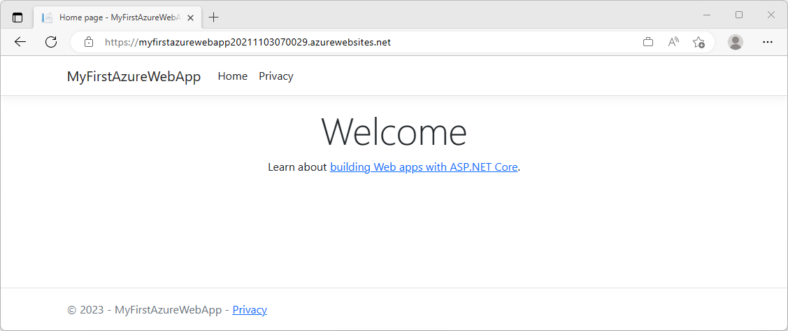 Снимок экрана: веб-приложение Visual Studio ASP.NET Core 7.0 в Azure.