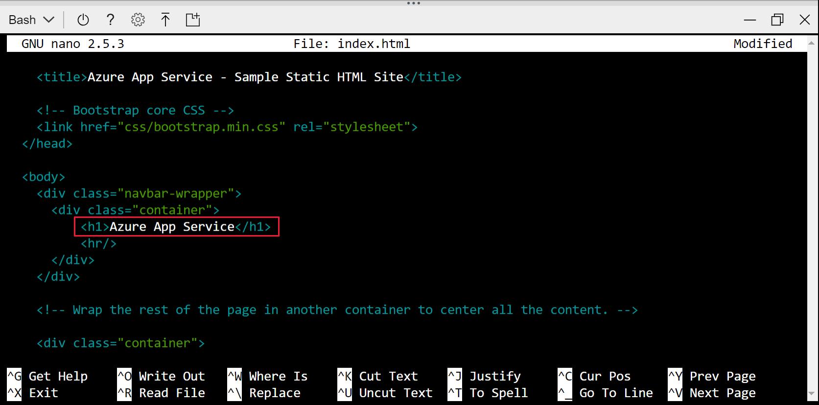 Файл index.html в редакторе Nano