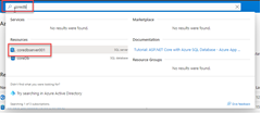 Снимок экрана: использование окна поиска на верхней панели инструментов для поиска сервера базы данных для приложения на портале Azure.