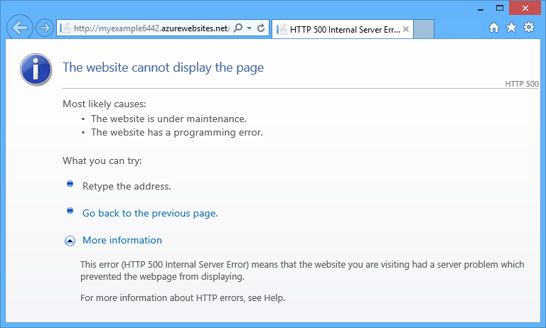 Снимок экрана: сообщение, которое считывает **Веб-сайт не может отобразить ошибку страницы в веб-браузере**.