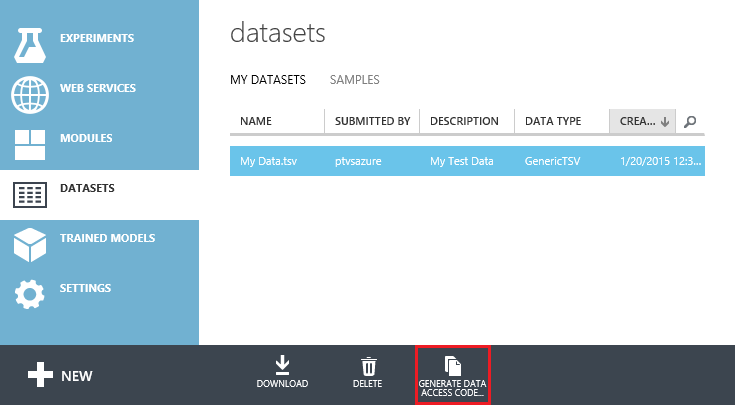 На снимке экрана показаны наборы данных с GENERATE DATA ACCESS CODE.